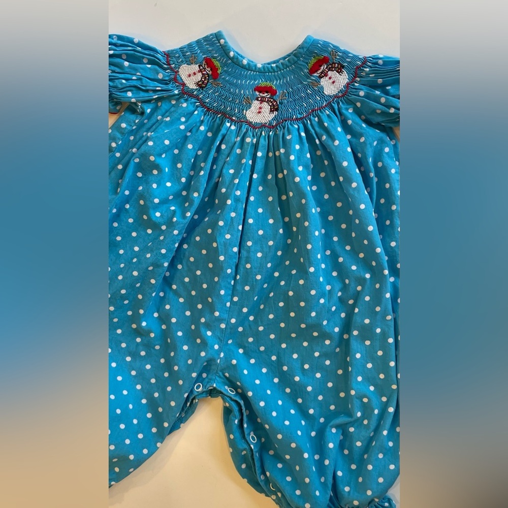 Banana Split Smocked Snowman Romper 6 Months